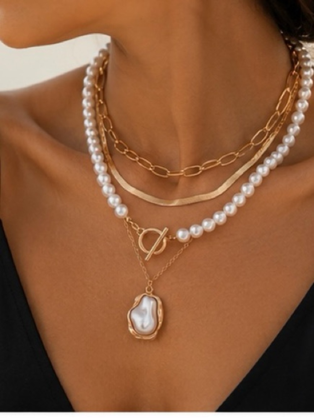 Layered Pearl Toggle Necklace Set